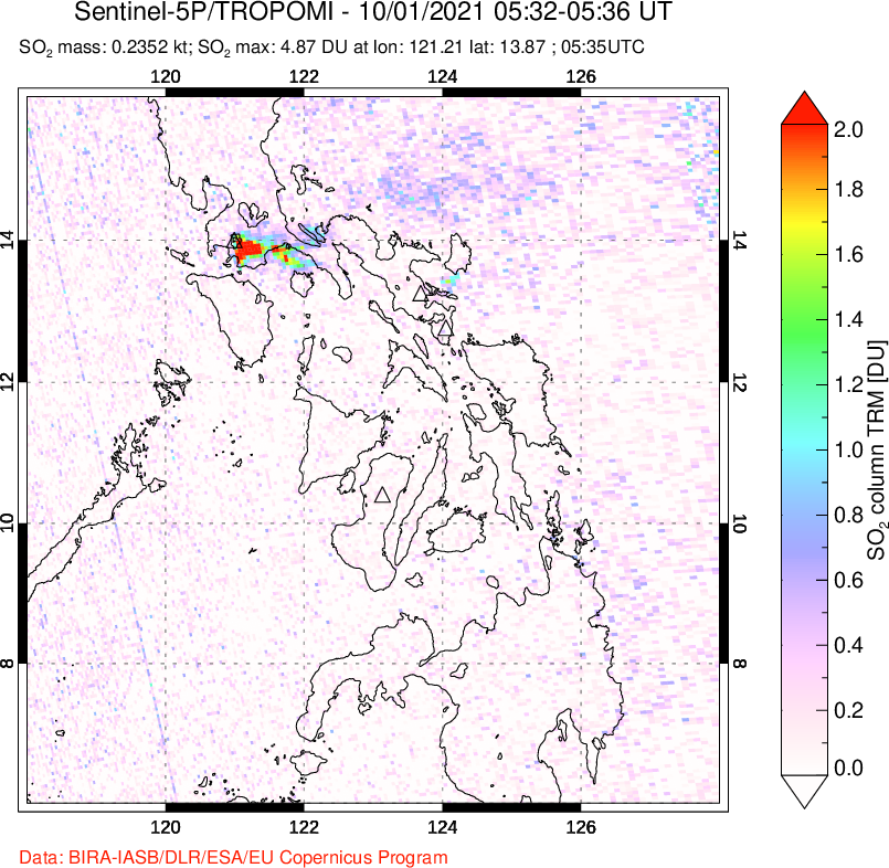 A sulfur dioxide image over Philippines on Oct 01, 2021.