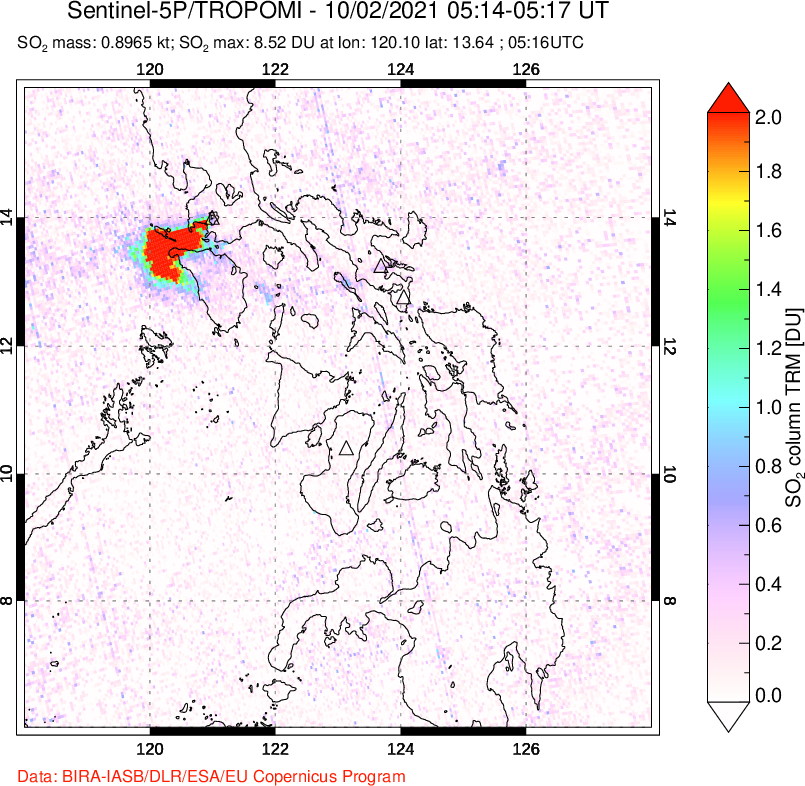 A sulfur dioxide image over Philippines on Oct 02, 2021.