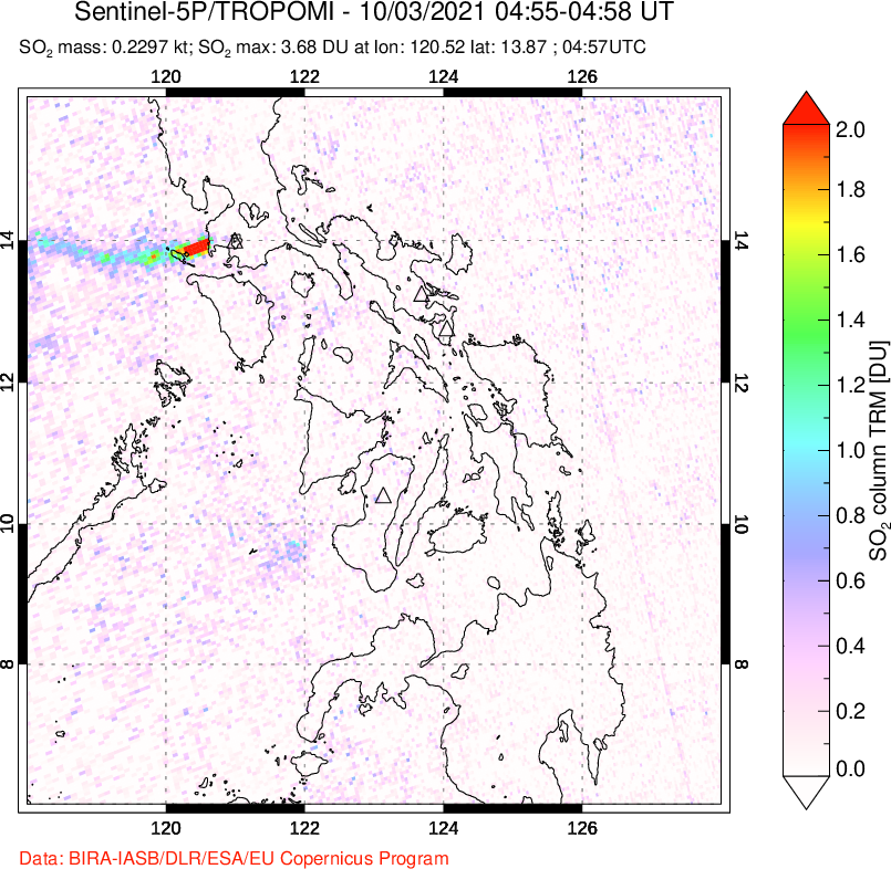 A sulfur dioxide image over Philippines on Oct 03, 2021.