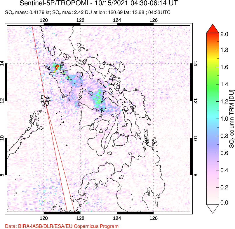 A sulfur dioxide image over Philippines on Oct 15, 2021.