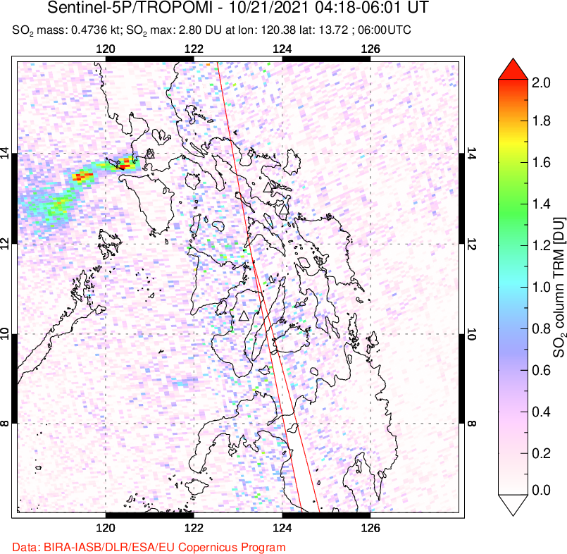 A sulfur dioxide image over Philippines on Oct 21, 2021.