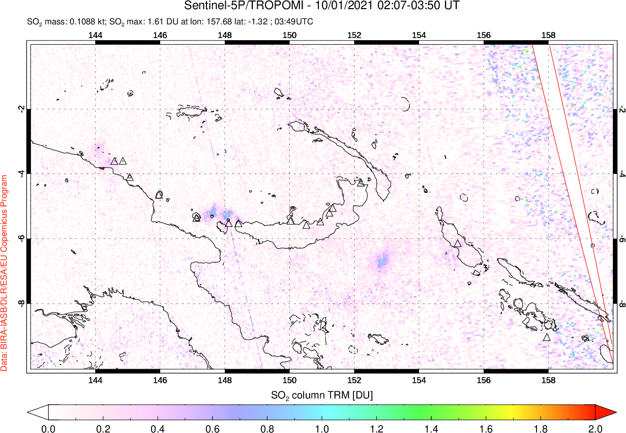 A sulfur dioxide image over Papua, New Guinea on Oct 01, 2021.