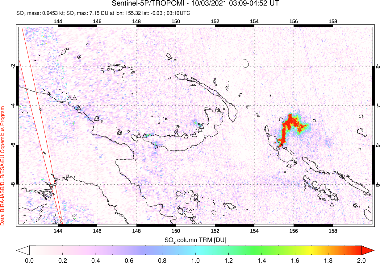 A sulfur dioxide image over Papua, New Guinea on Oct 03, 2021.