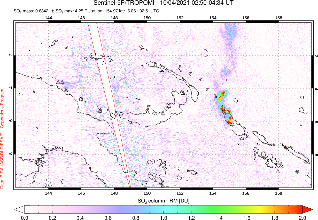 A sulfur dioxide image over Papua, New Guinea on Oct 04, 2021.