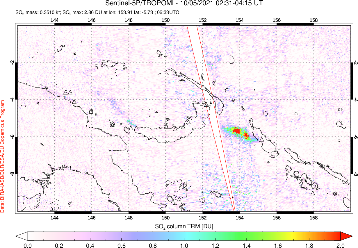 A sulfur dioxide image over Papua, New Guinea on Oct 05, 2021.