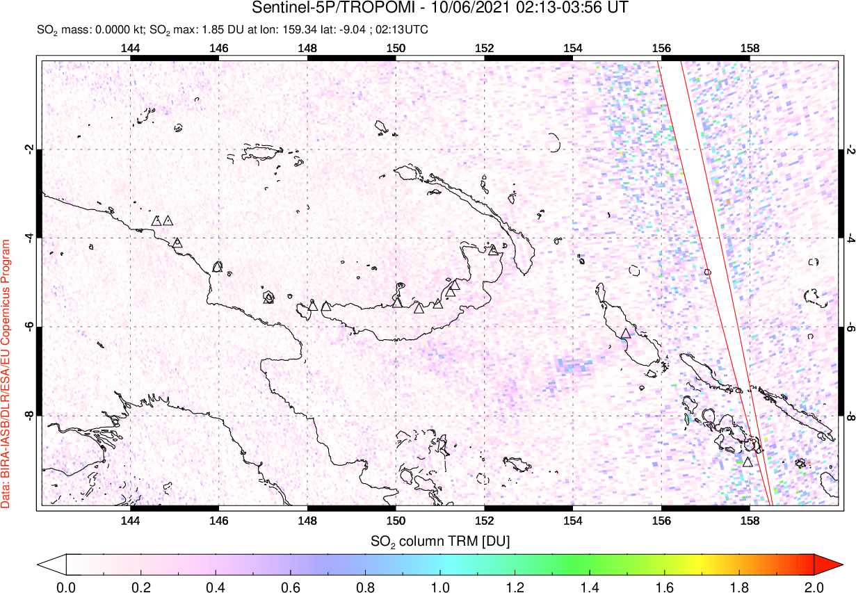 A sulfur dioxide image over Papua, New Guinea on Oct 06, 2021.
