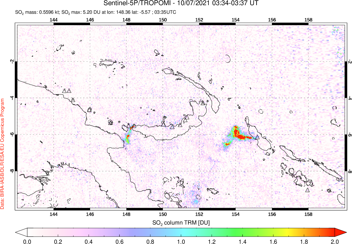 A sulfur dioxide image over Papua, New Guinea on Oct 07, 2021.