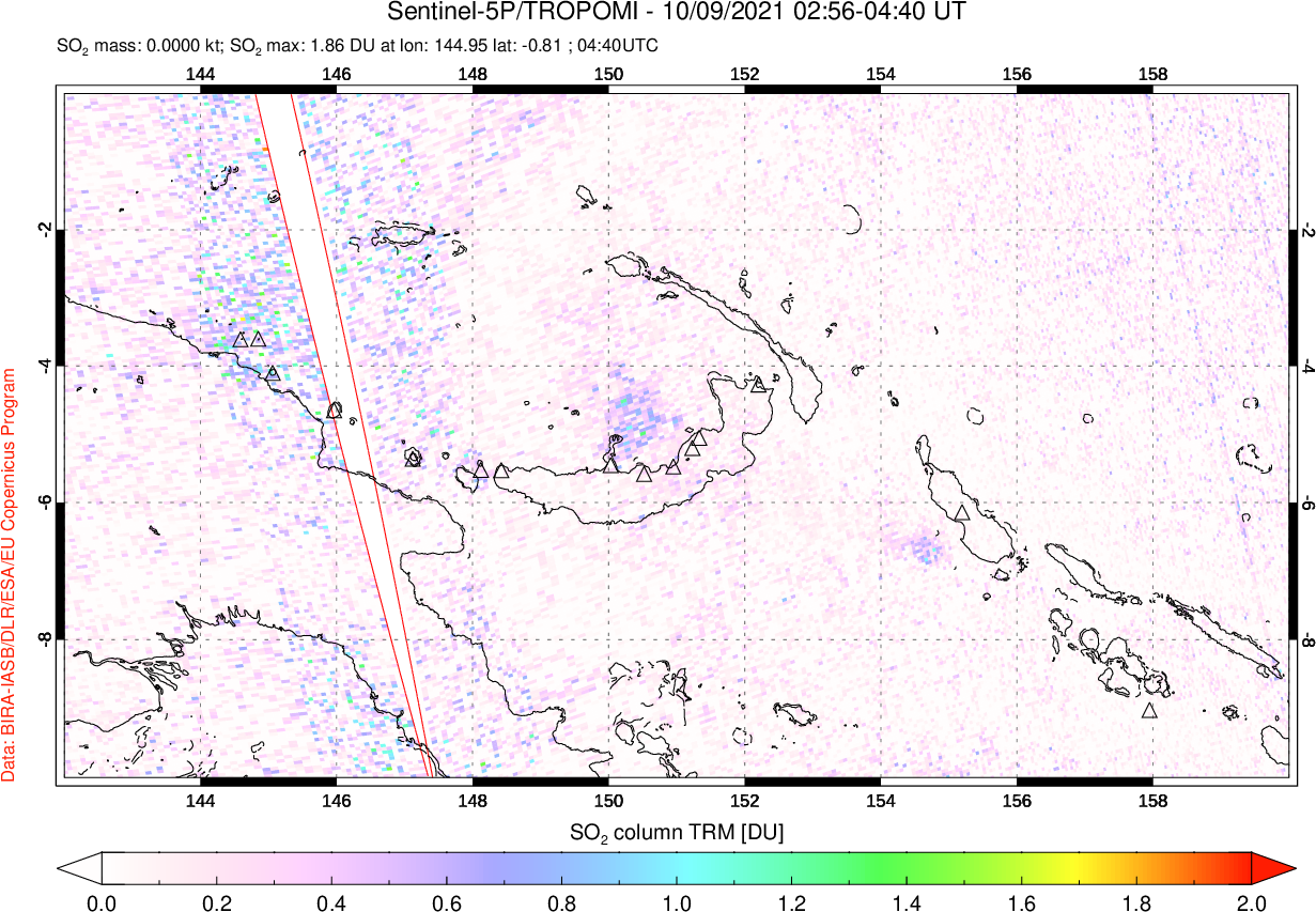 A sulfur dioxide image over Papua, New Guinea on Oct 09, 2021.