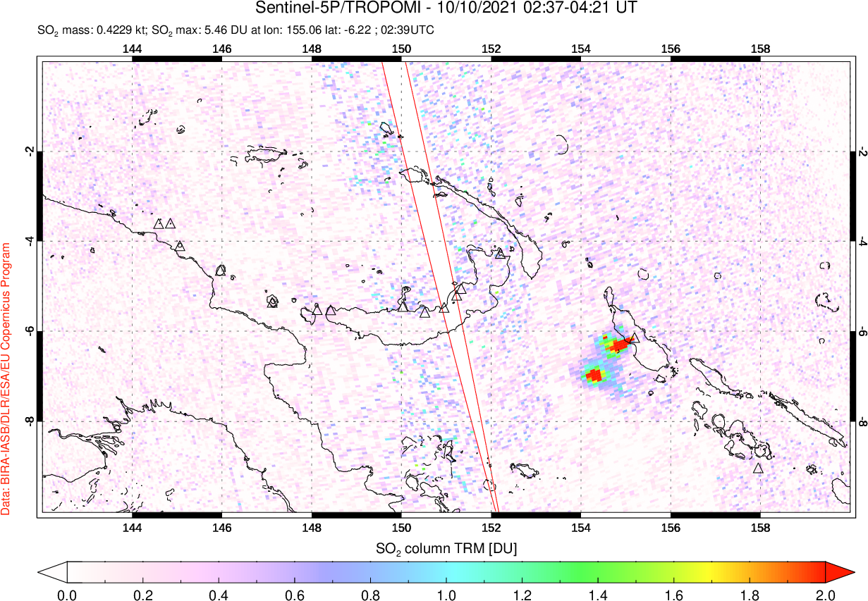 A sulfur dioxide image over Papua, New Guinea on Oct 10, 2021.