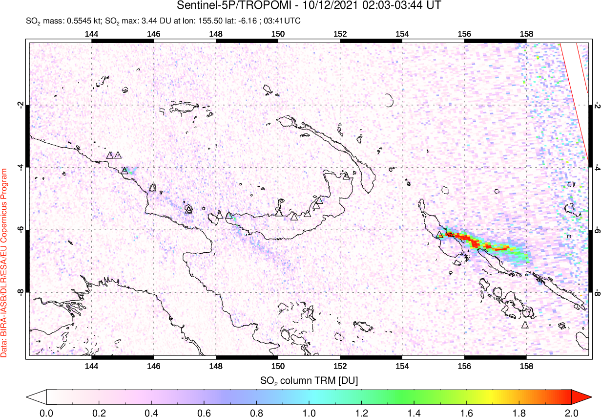 A sulfur dioxide image over Papua, New Guinea on Oct 12, 2021.