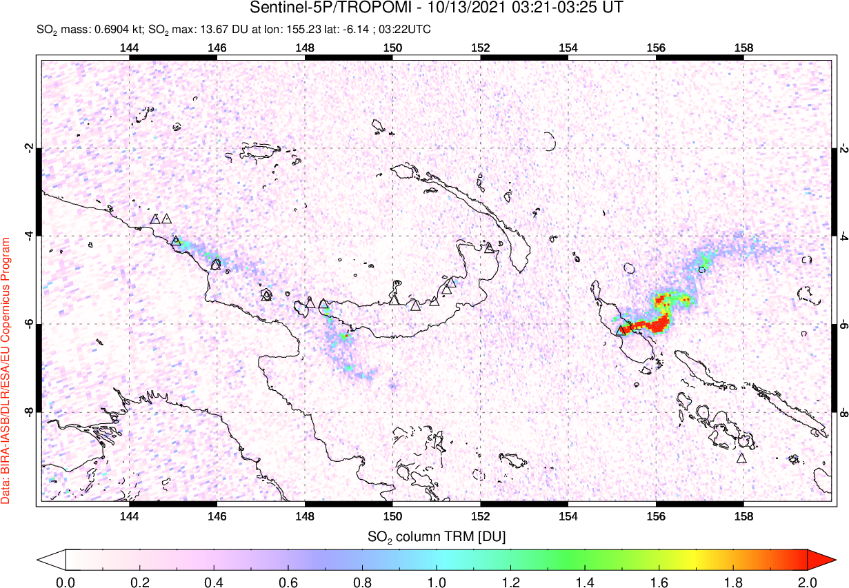 A sulfur dioxide image over Papua, New Guinea on Oct 13, 2021.