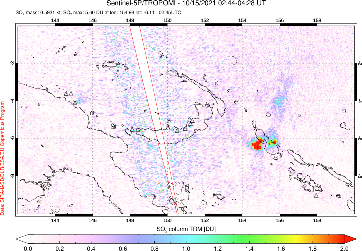 A sulfur dioxide image over Papua, New Guinea on Oct 15, 2021.