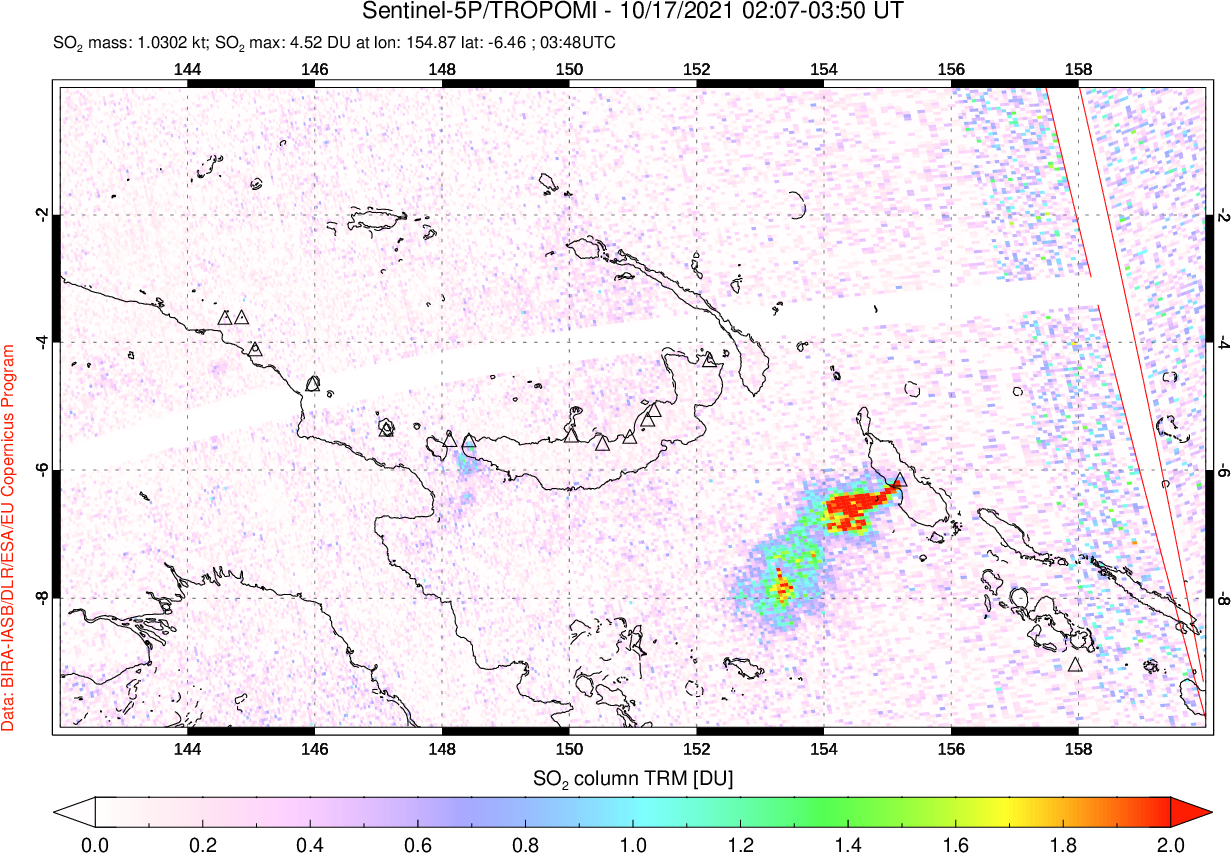 A sulfur dioxide image over Papua, New Guinea on Oct 17, 2021.