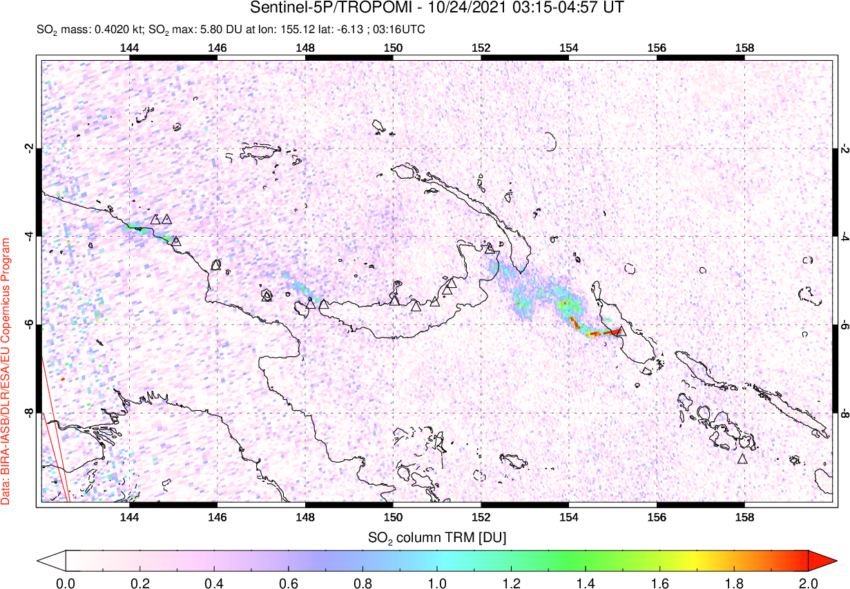 A sulfur dioxide image over Papua, New Guinea on Oct 24, 2021.