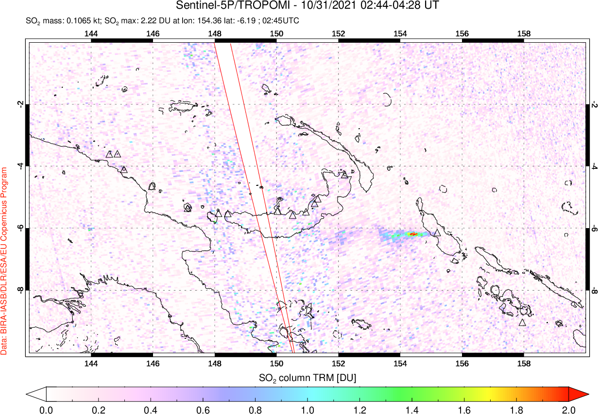 A sulfur dioxide image over Papua, New Guinea on Oct 31, 2021.