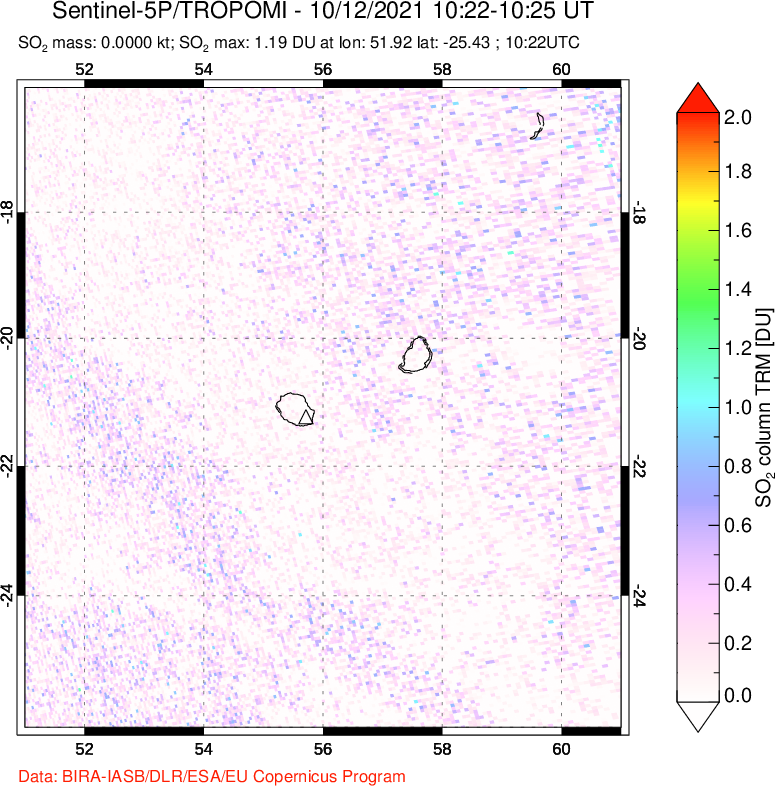 A sulfur dioxide image over Reunion Island, Indian Ocean on Oct 12, 2021.