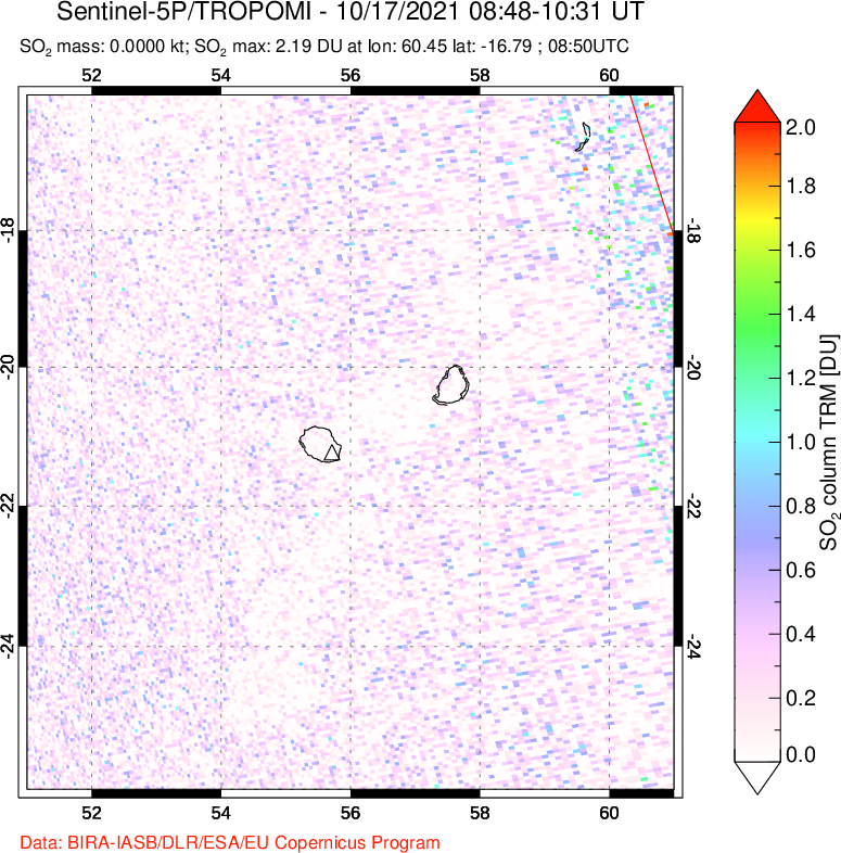 A sulfur dioxide image over Reunion Island, Indian Ocean on Oct 17, 2021.
