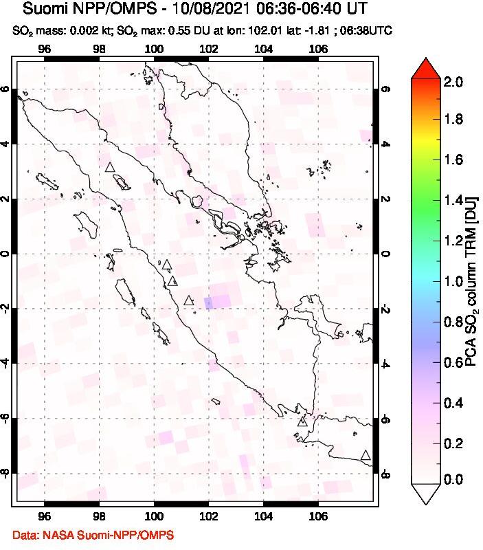 A sulfur dioxide image over Sumatra, Indonesia on Oct 08, 2021.