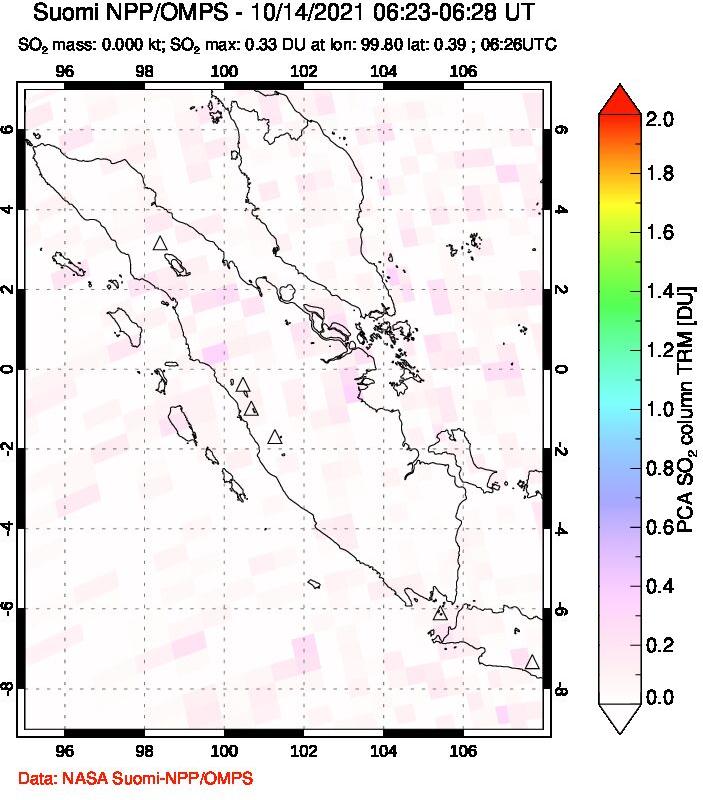 A sulfur dioxide image over Sumatra, Indonesia on Oct 14, 2021.