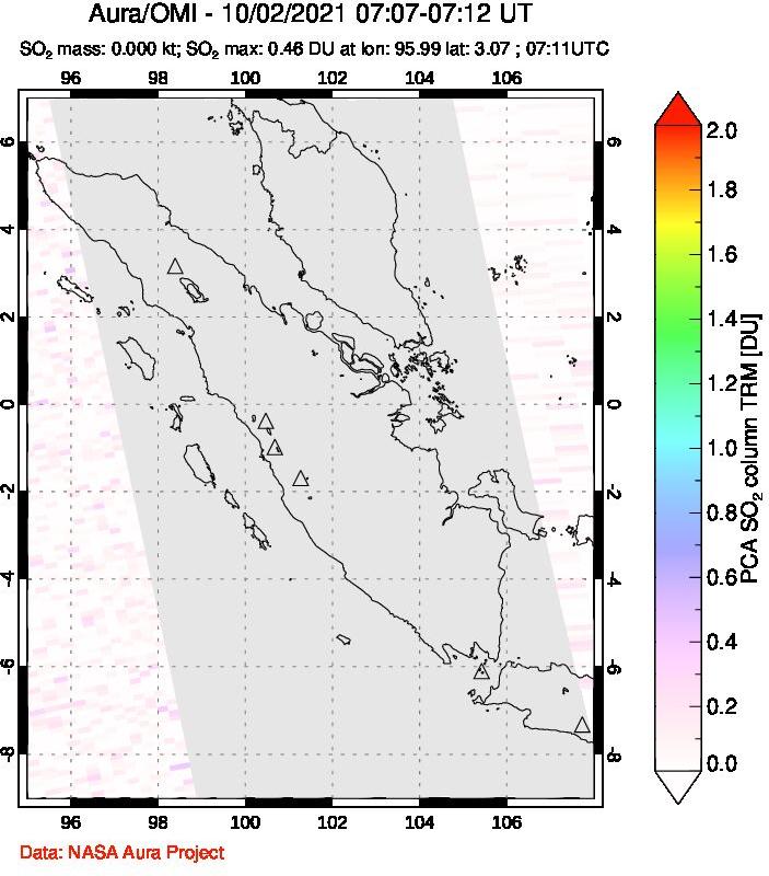 A sulfur dioxide image over Sumatra, Indonesia on Oct 02, 2021.