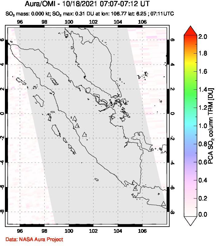 A sulfur dioxide image over Sumatra, Indonesia on Oct 18, 2021.