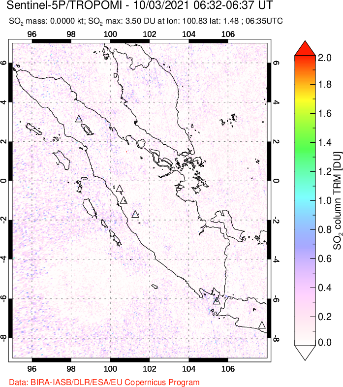 A sulfur dioxide image over Sumatra, Indonesia on Oct 03, 2021.
