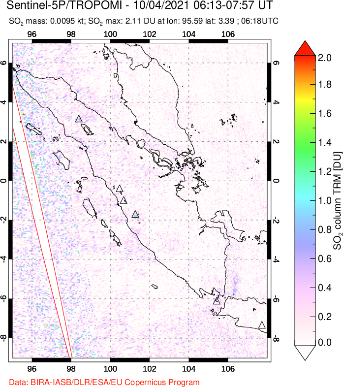 A sulfur dioxide image over Sumatra, Indonesia on Oct 04, 2021.