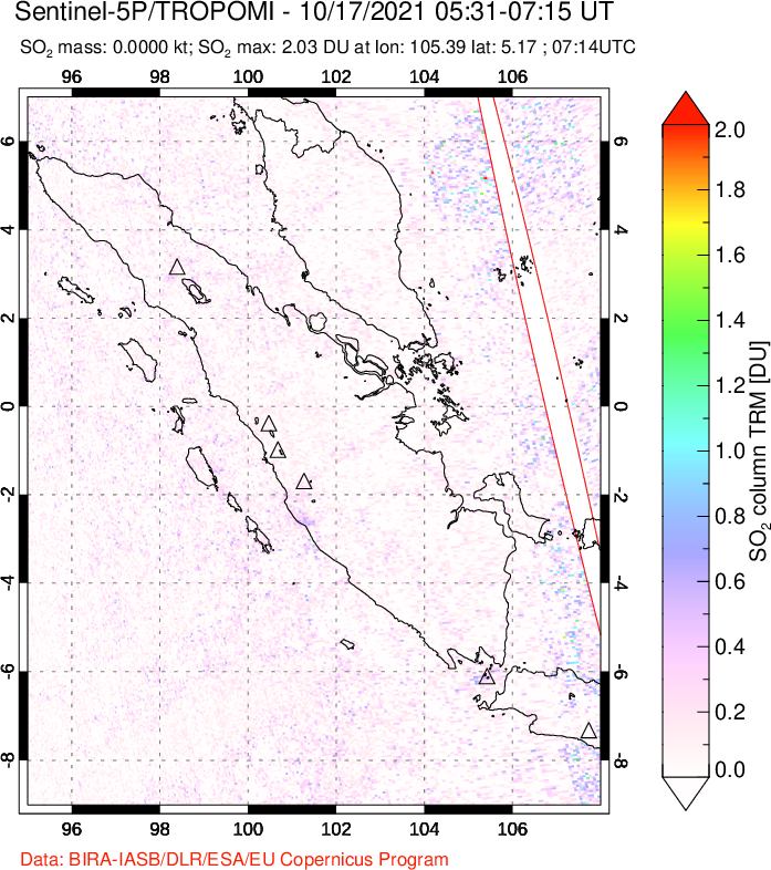 A sulfur dioxide image over Sumatra, Indonesia on Oct 17, 2021.