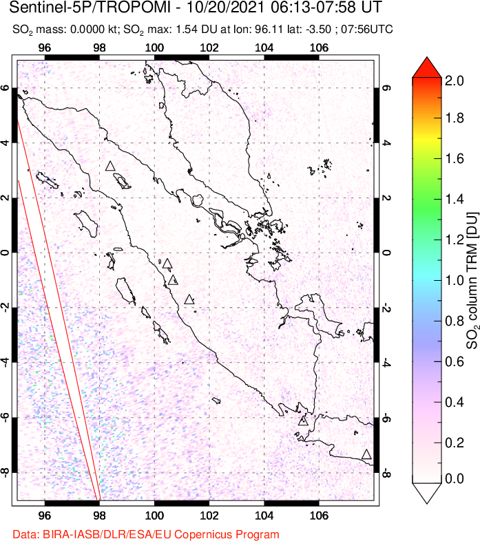 A sulfur dioxide image over Sumatra, Indonesia on Oct 20, 2021.