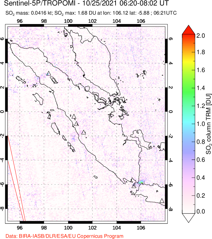 A sulfur dioxide image over Sumatra, Indonesia on Oct 25, 2021.
