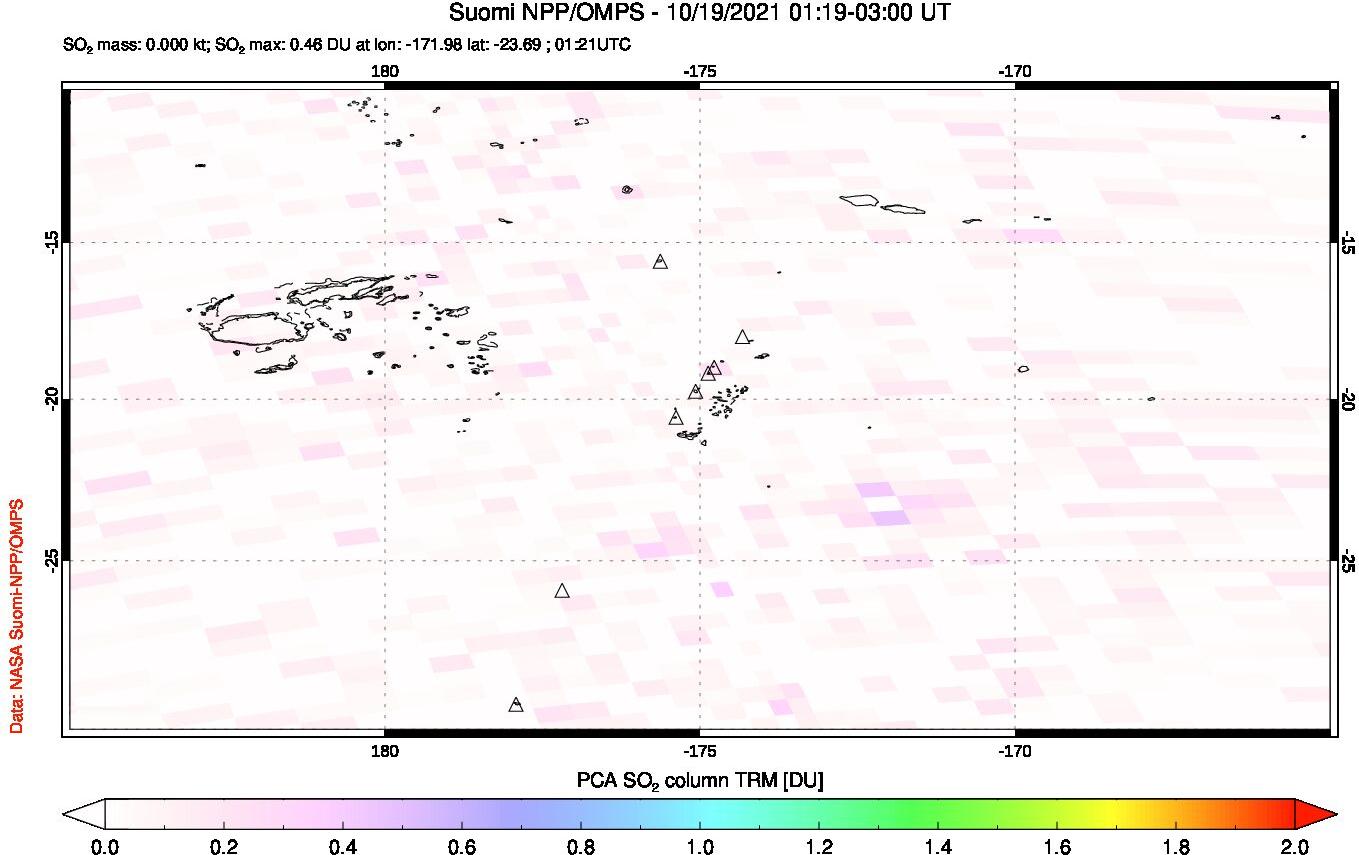 A sulfur dioxide image over Tonga, South Pacific on Oct 19, 2021.