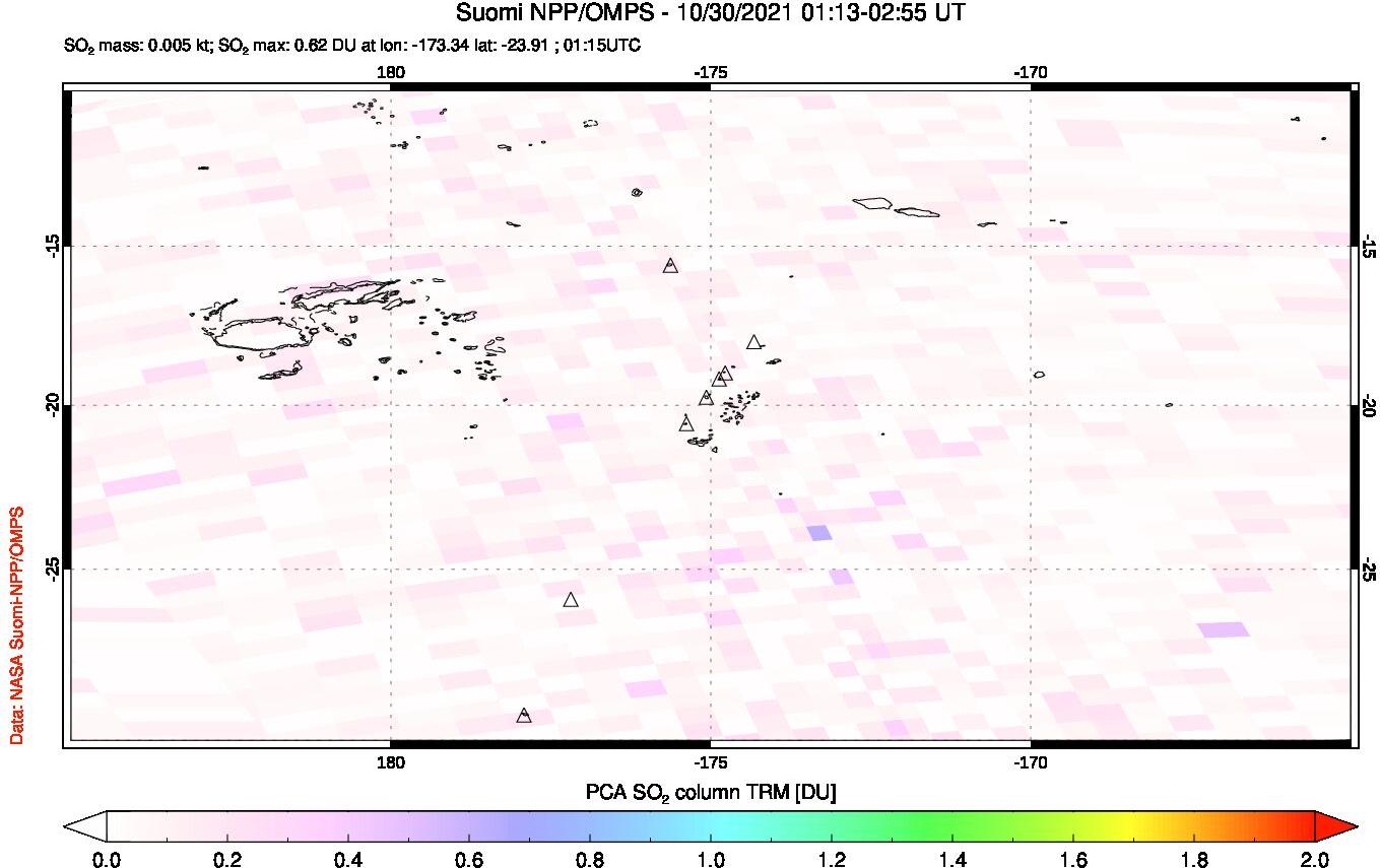 A sulfur dioxide image over Tonga, South Pacific on Oct 30, 2021.