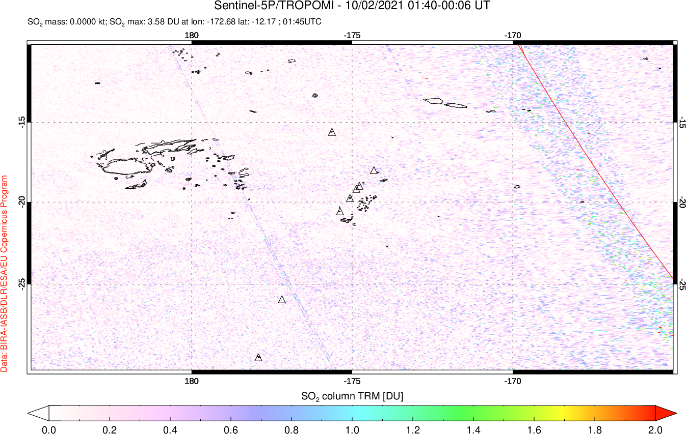 A sulfur dioxide image over Tonga, South Pacific on Oct 02, 2021.