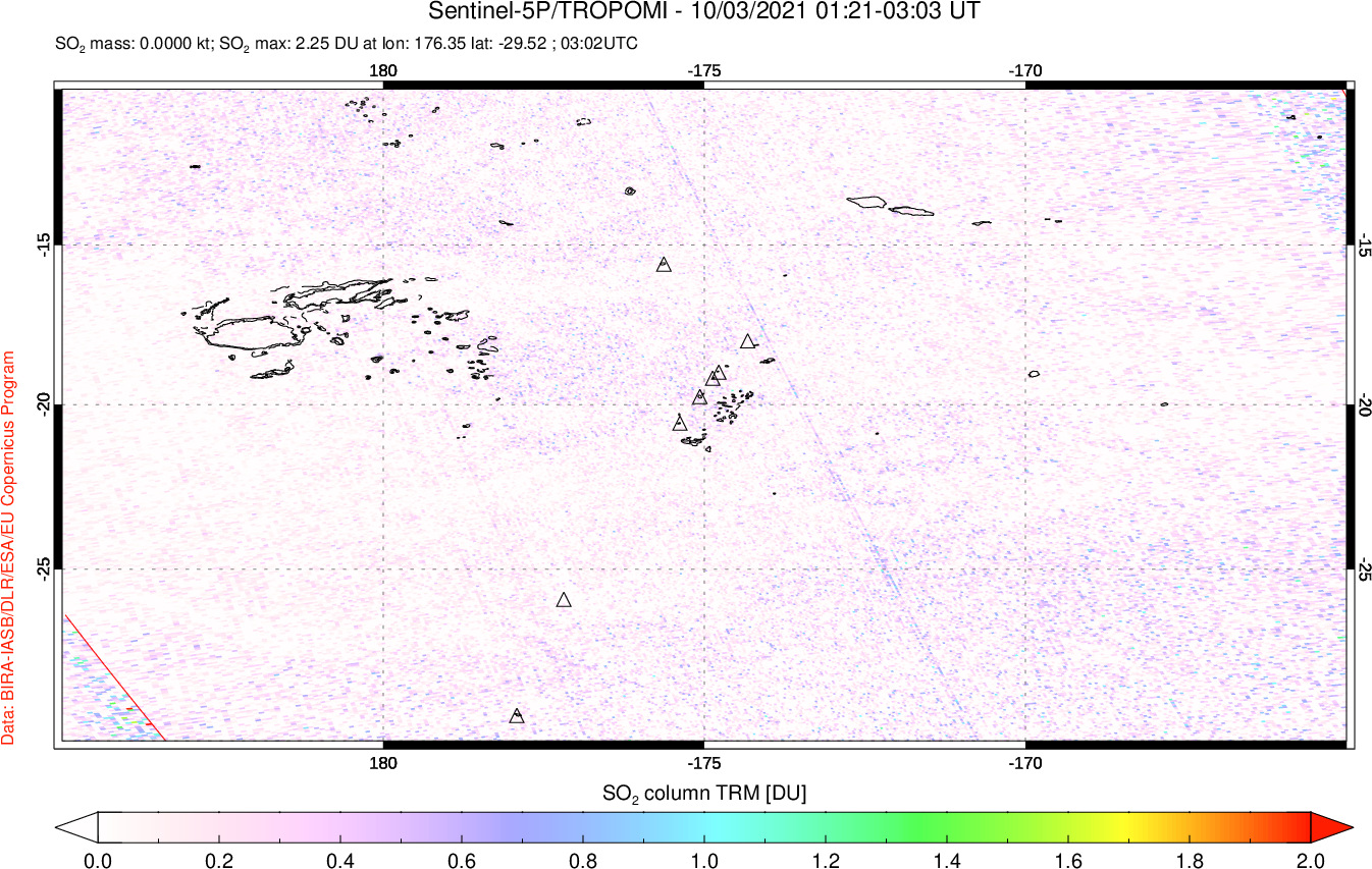 A sulfur dioxide image over Tonga, South Pacific on Oct 03, 2021.