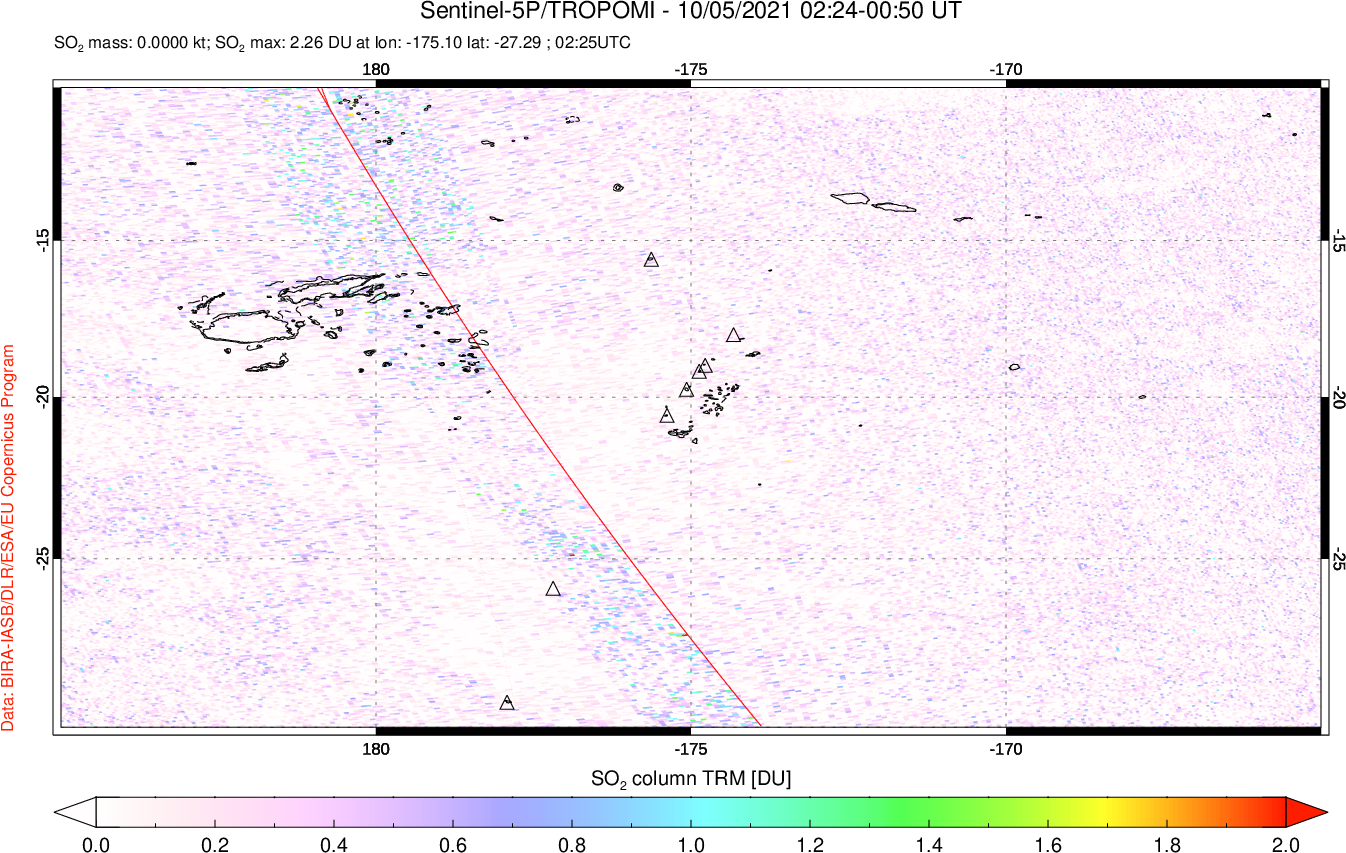 A sulfur dioxide image over Tonga, South Pacific on Oct 05, 2021.