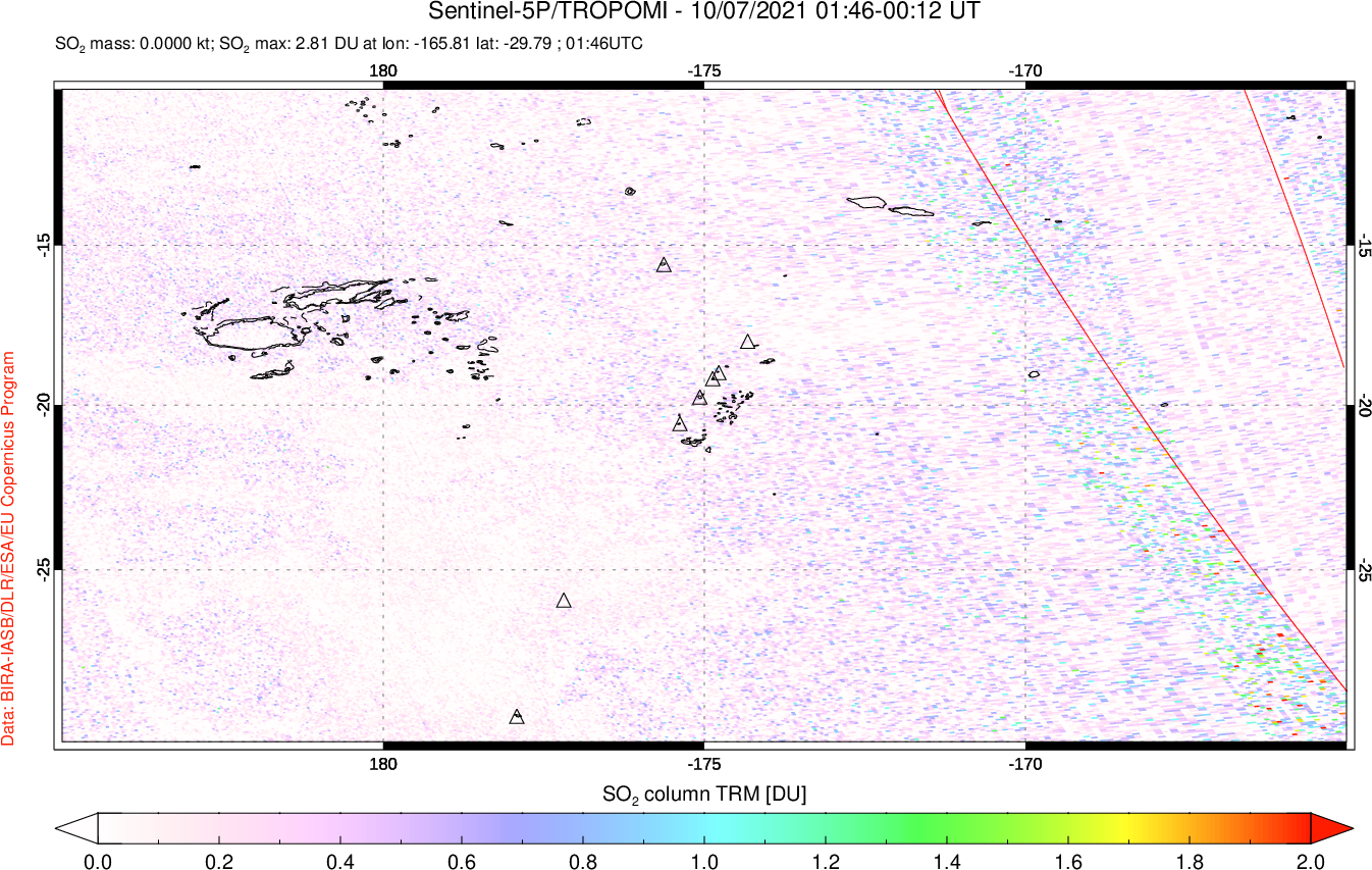 A sulfur dioxide image over Tonga, South Pacific on Oct 07, 2021.