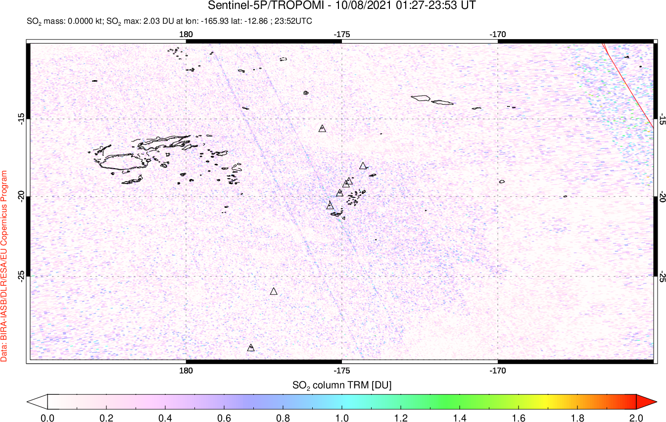 A sulfur dioxide image over Tonga, South Pacific on Oct 08, 2021.