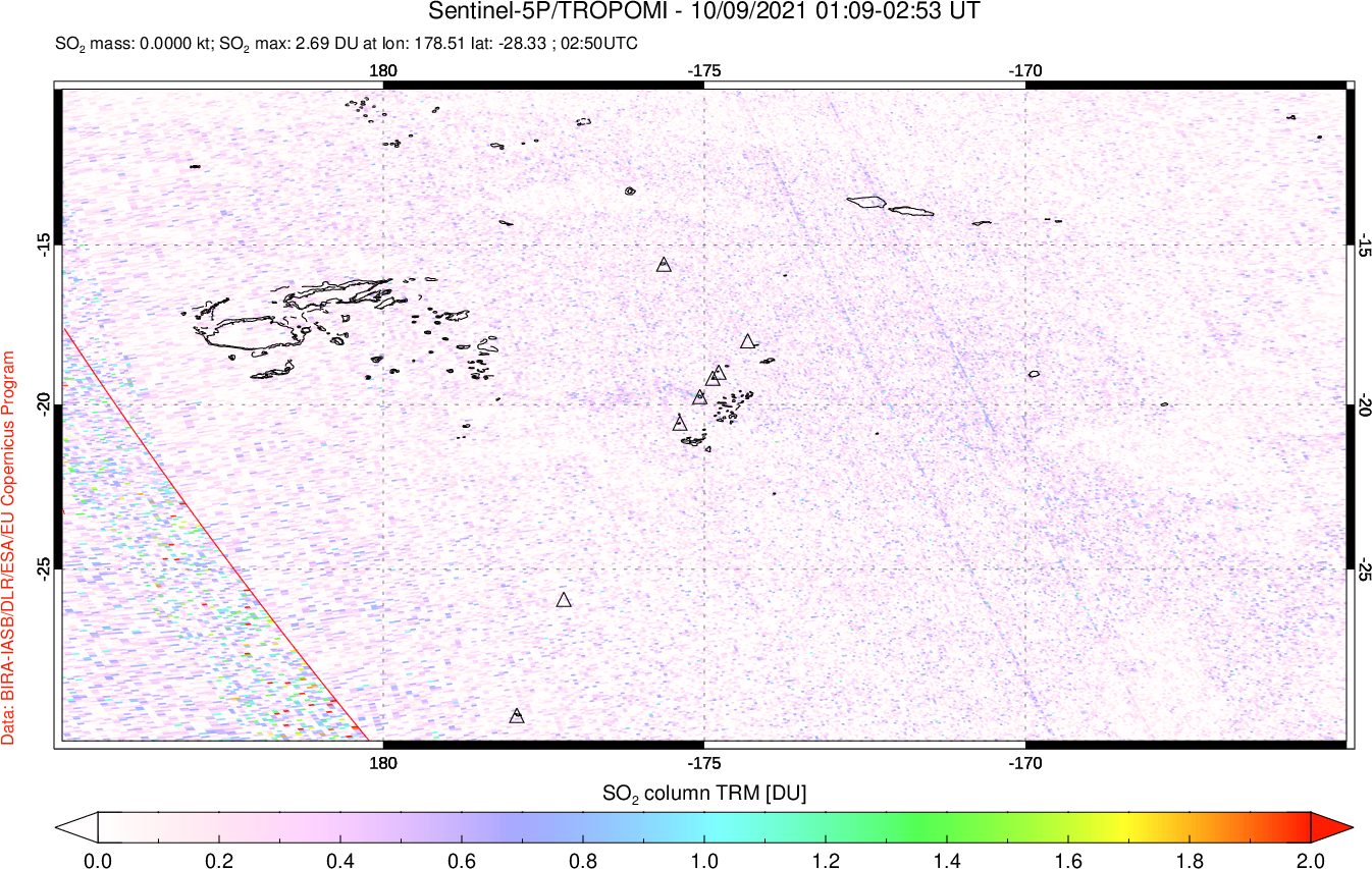 A sulfur dioxide image over Tonga, South Pacific on Oct 09, 2021.