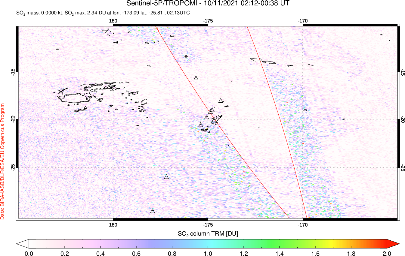 A sulfur dioxide image over Tonga, South Pacific on Oct 11, 2021.