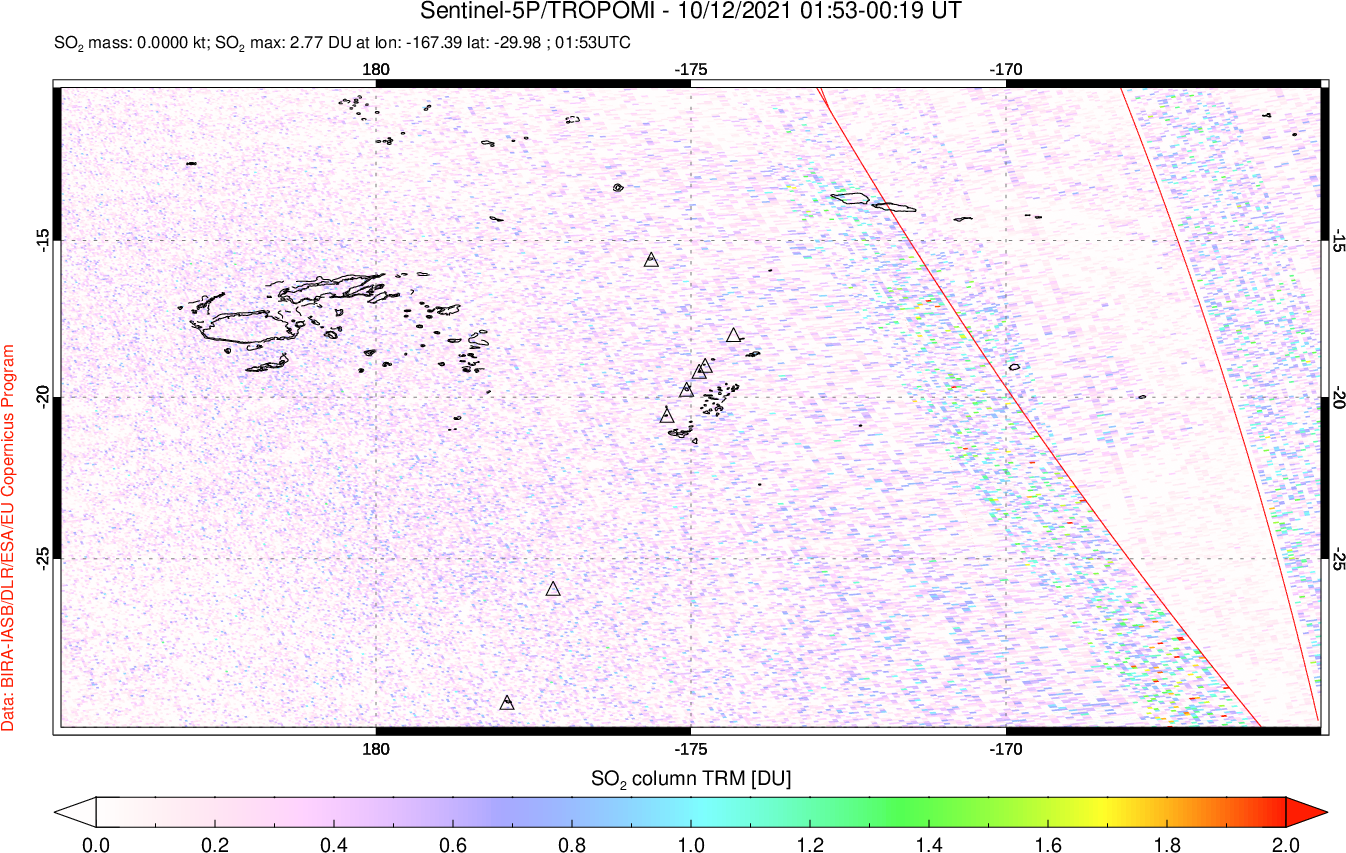 A sulfur dioxide image over Tonga, South Pacific on Oct 12, 2021.