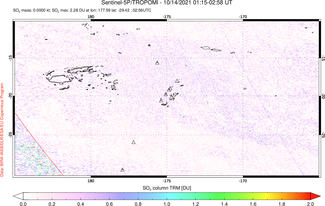 A sulfur dioxide image over Tonga, South Pacific on Oct 14, 2021.