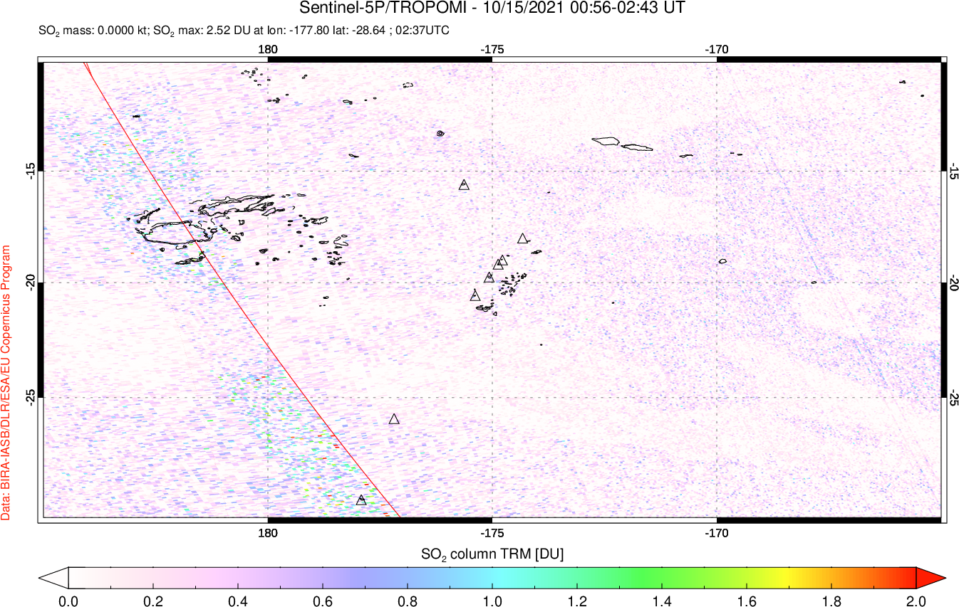 A sulfur dioxide image over Tonga, South Pacific on Oct 15, 2021.
