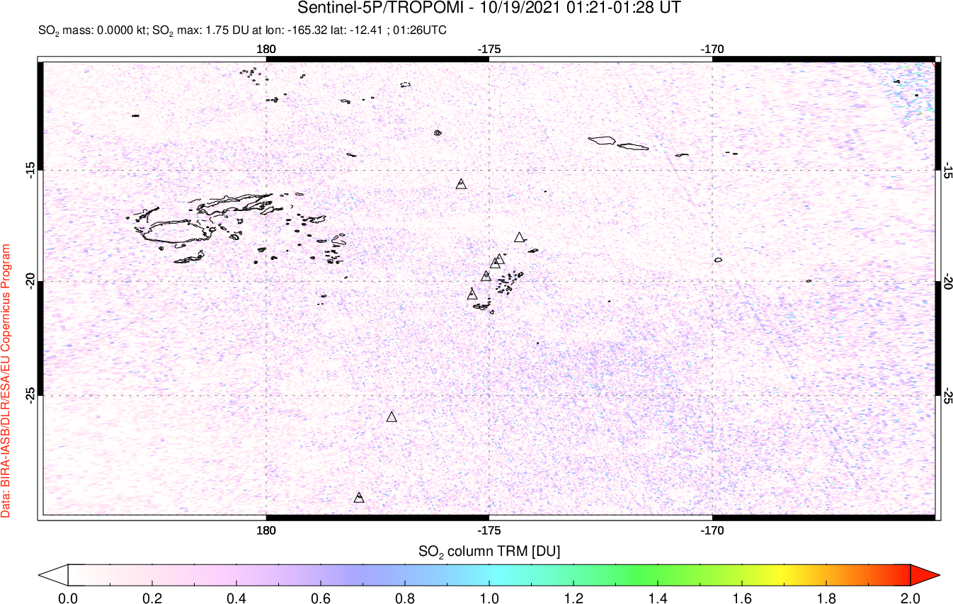 A sulfur dioxide image over Tonga, South Pacific on Oct 19, 2021.