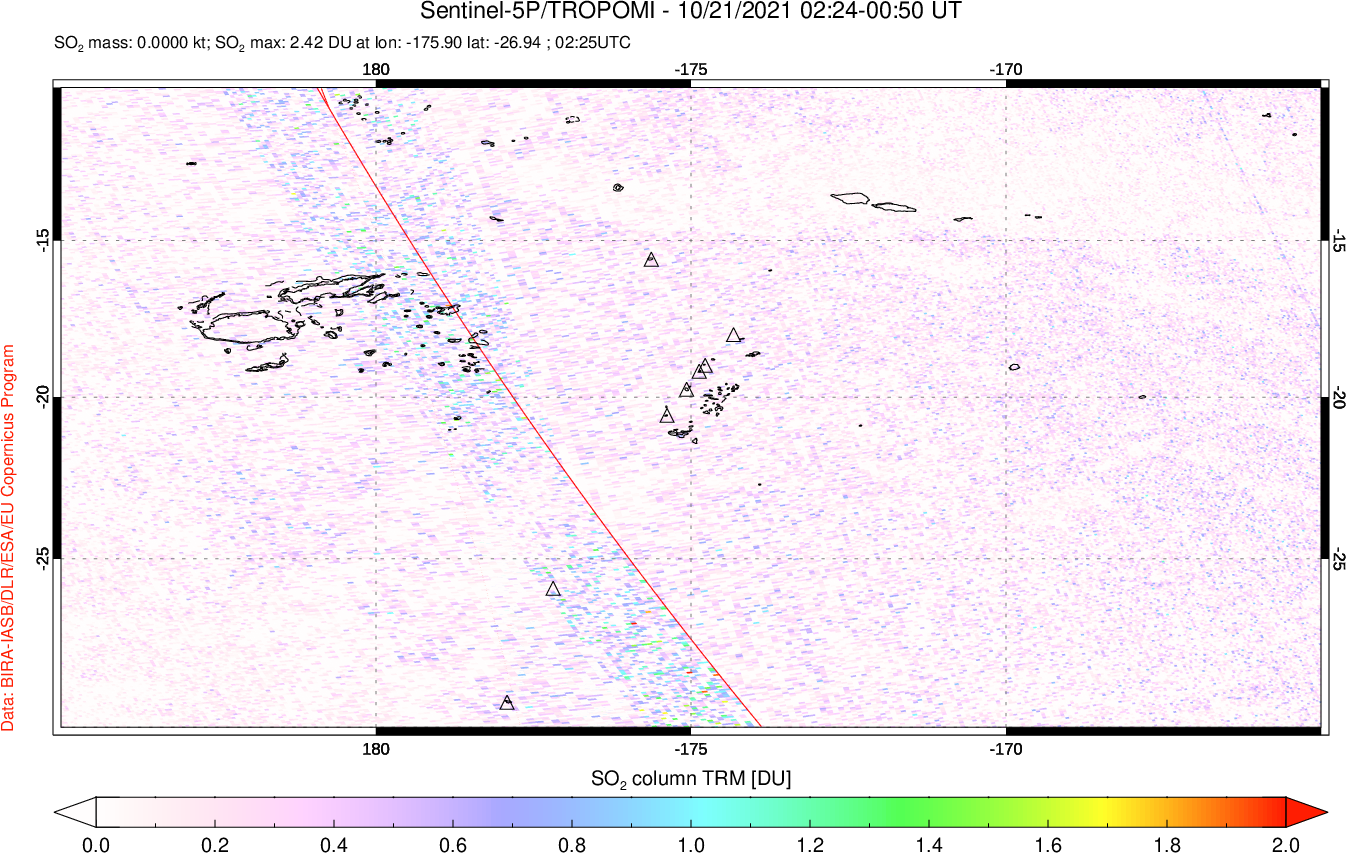 A sulfur dioxide image over Tonga, South Pacific on Oct 21, 2021.