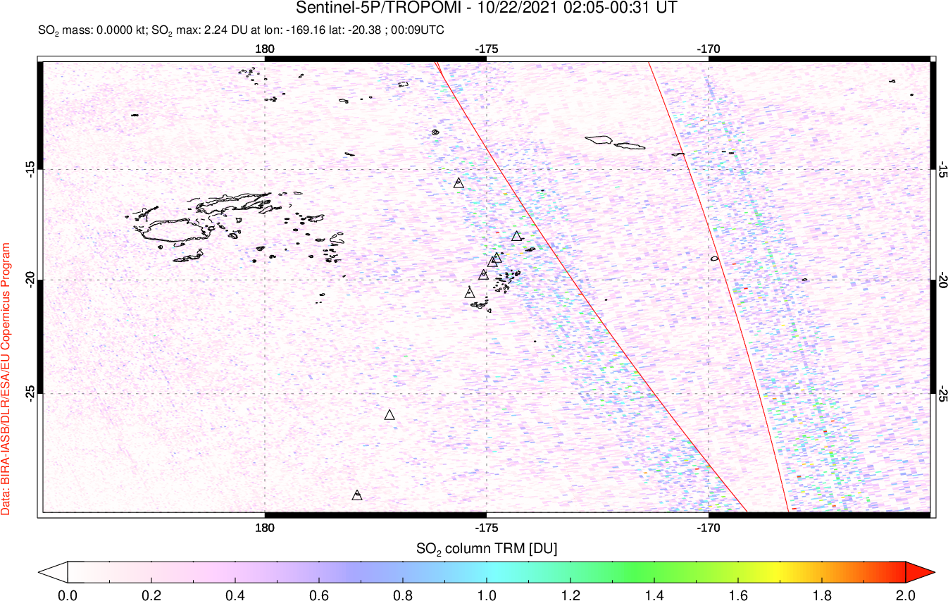 A sulfur dioxide image over Tonga, South Pacific on Oct 22, 2021.