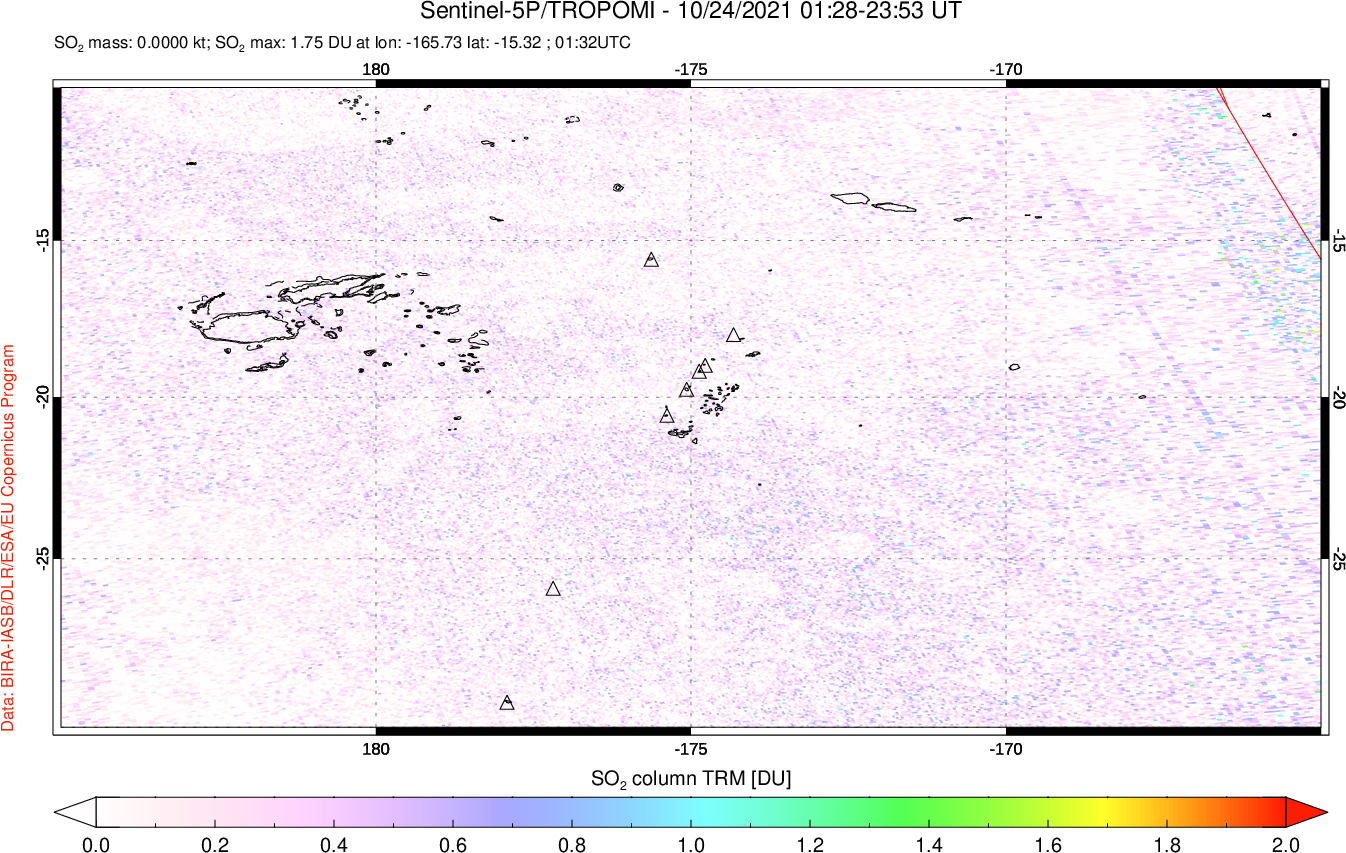 A sulfur dioxide image over Tonga, South Pacific on Oct 24, 2021.