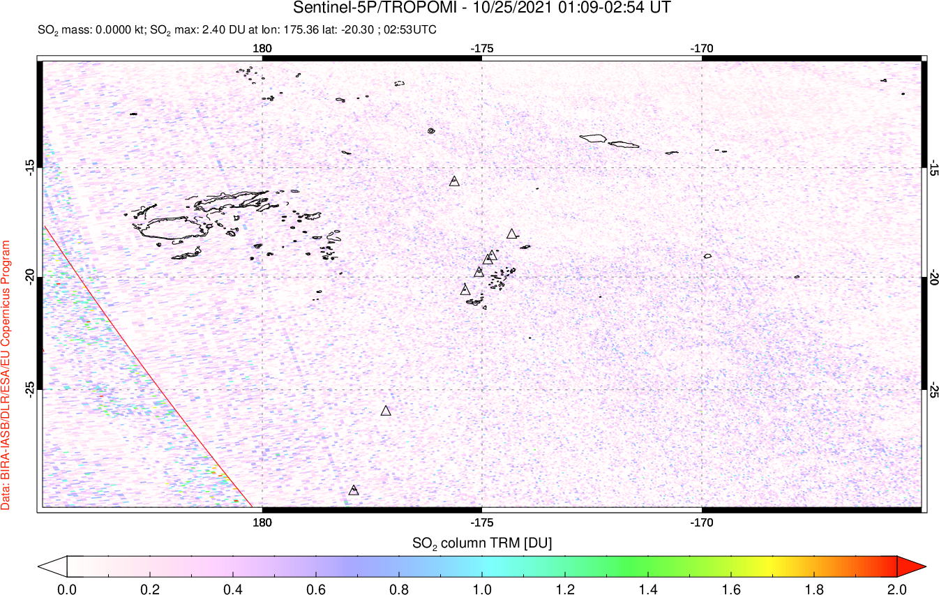 A sulfur dioxide image over Tonga, South Pacific on Oct 25, 2021.
