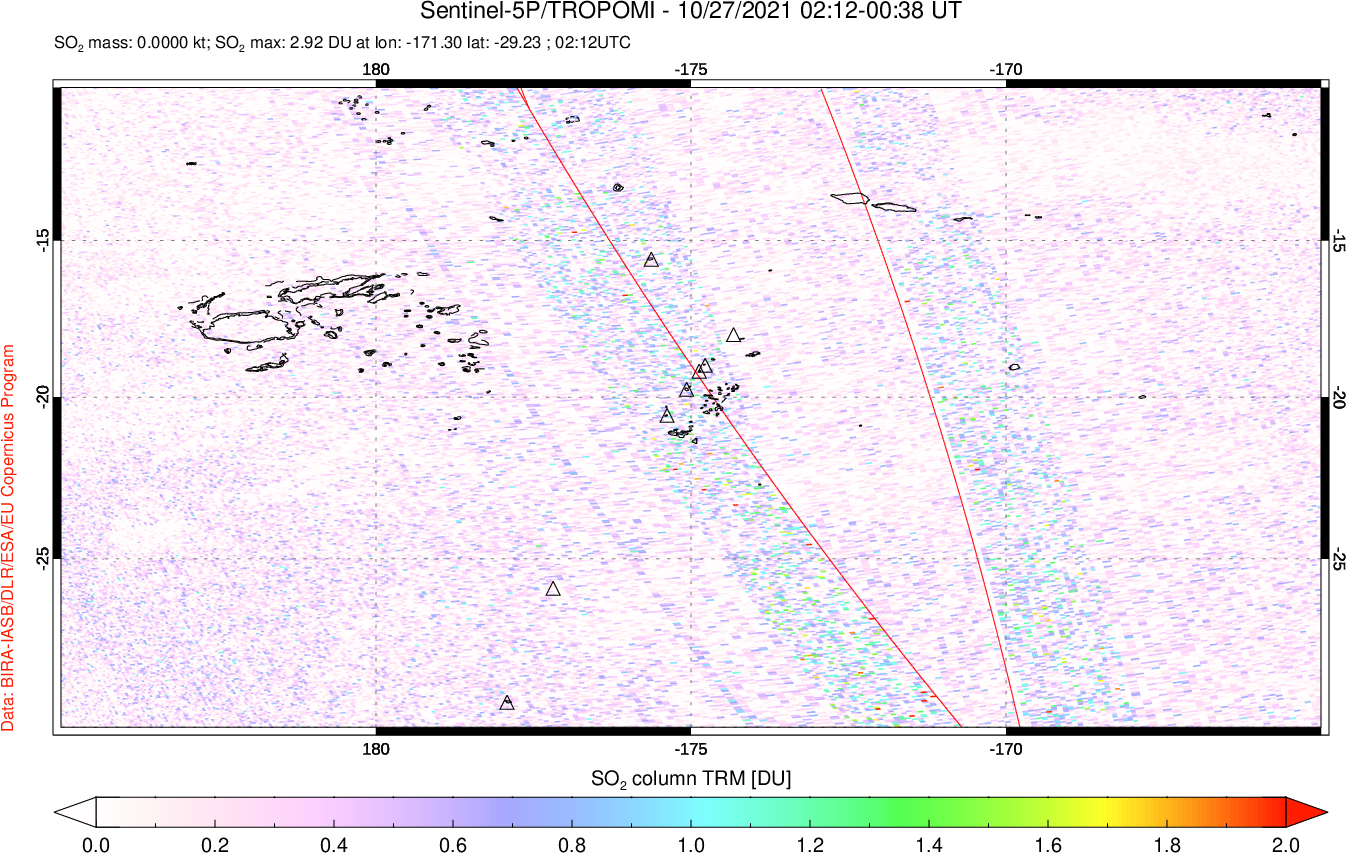 A sulfur dioxide image over Tonga, South Pacific on Oct 27, 2021.
