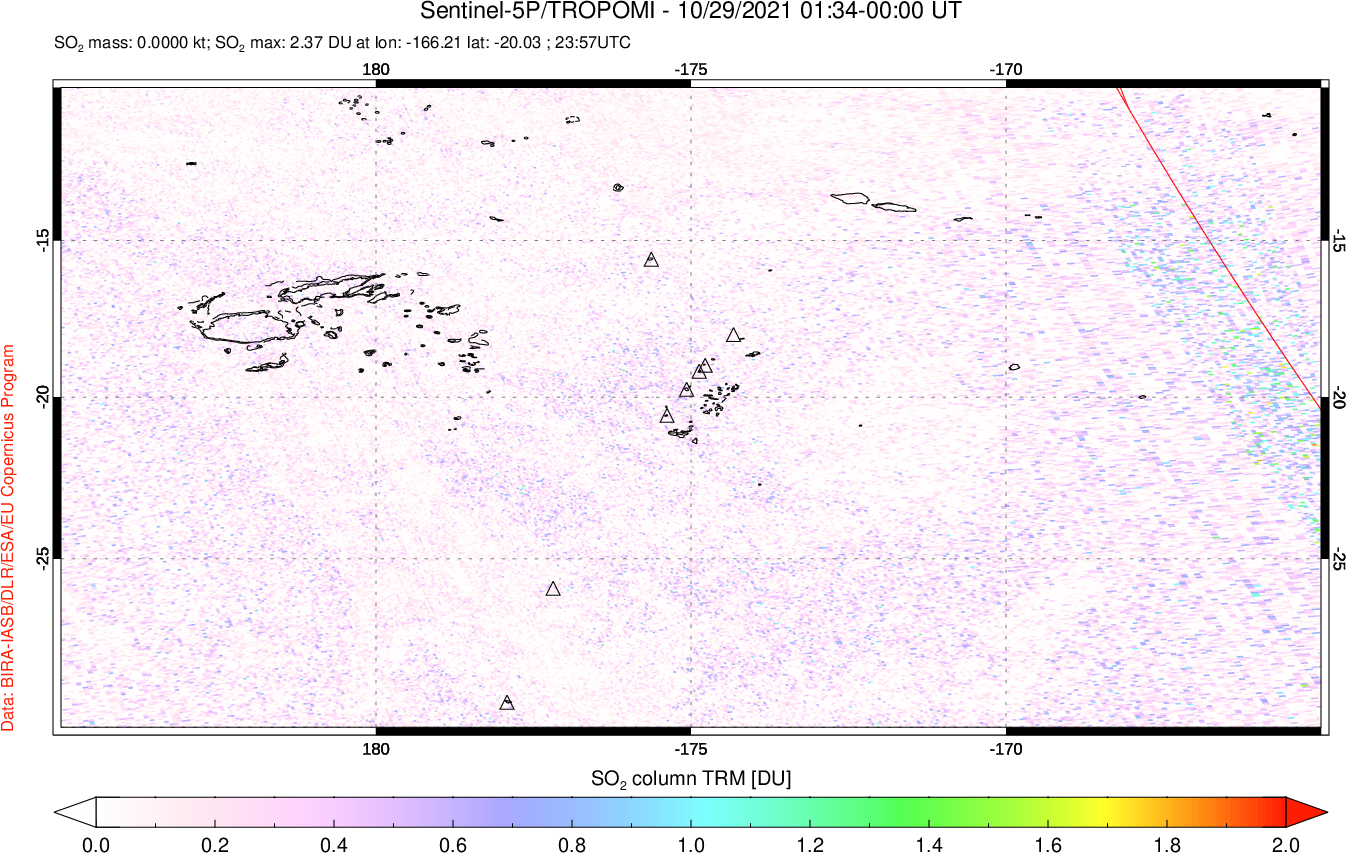 A sulfur dioxide image over Tonga, South Pacific on Oct 29, 2021.