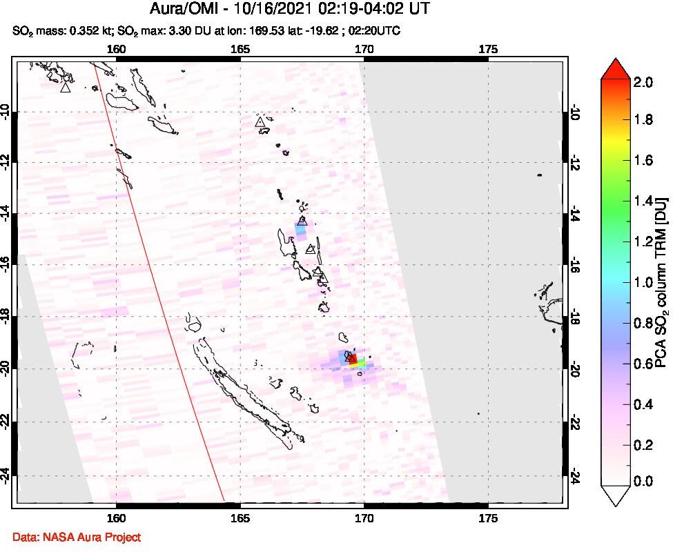 A sulfur dioxide image over Vanuatu, South Pacific on Oct 16, 2021.